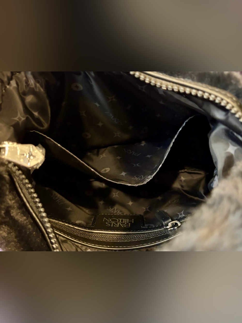 NWT PARIS HILTON Black Faux Fur Shoulder Bag with Rhinestone Script Logo - Picture 6 of 6